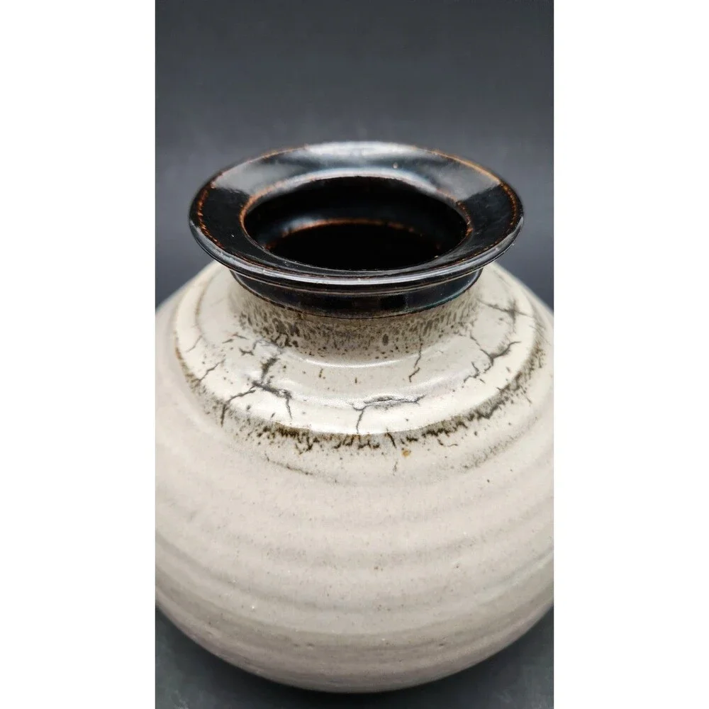 Vintage 70s Hand Crafted Studio Cracked Glaze Raku Moon Stoneware Pottery Vase